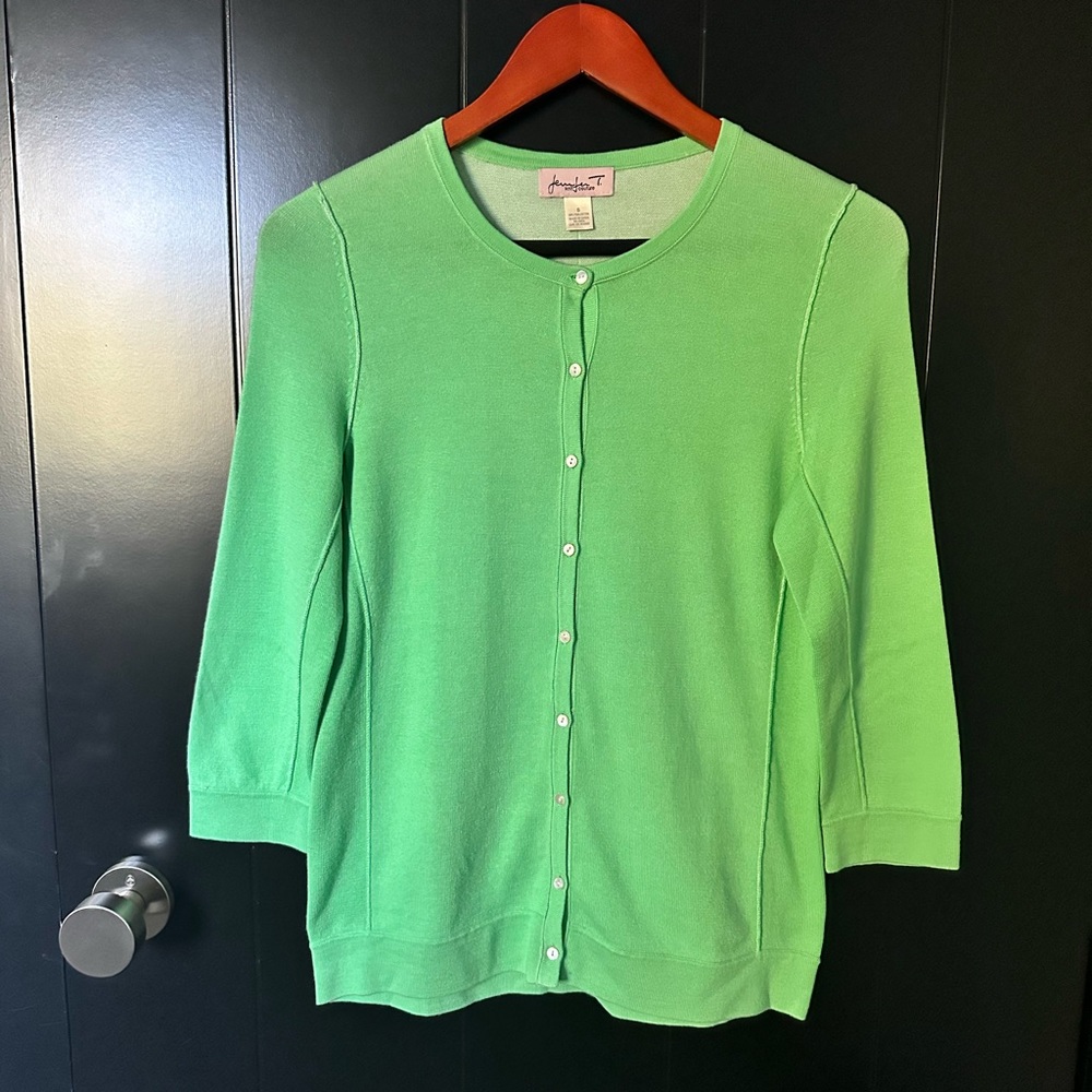 Jennifer T. Knit Couture button up mint green cardigan.